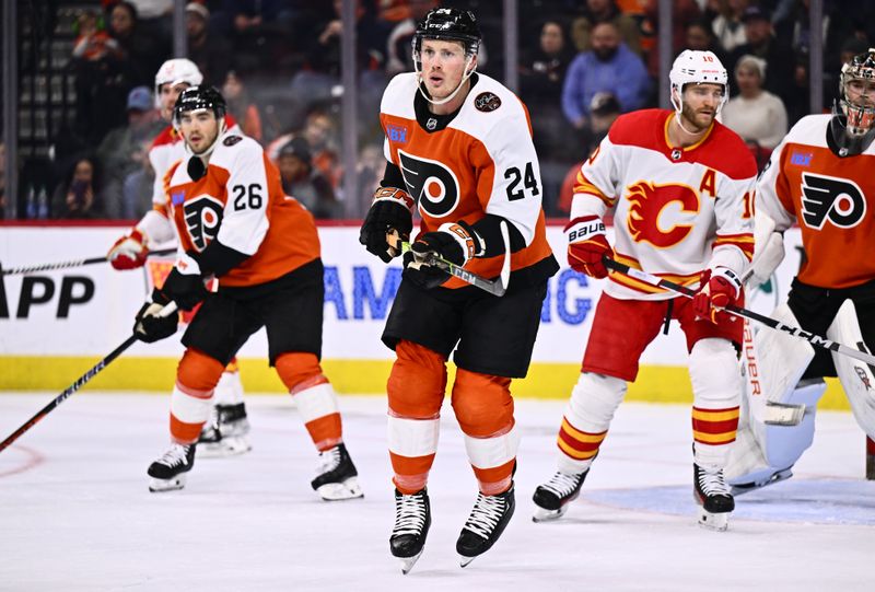 Jan 6, 2024; Philadelphia, Pennsylvania, USA; Philadelphia Flyers defenseman Nick Seeler (24) in action against the Calgary Flames in the third period at Wells Fargo Center. Mandatory Credit: Kyle Ross-USA TODAY Sports