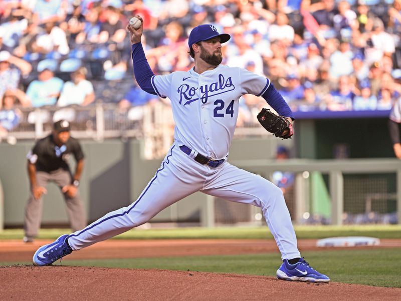 Jul 29, 2023; Kansas City, Missouri, USA;  Kansas City Royals starting pitcher Jordan Lyles (24) delivers a pitch during the first inning against the Minnesota Twins at Kauffman Stadium. Mandatory Credit: Peter Aiken-USA TODAY Sports