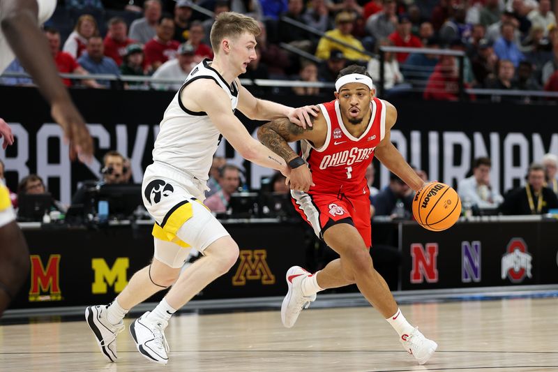 Mar 14, 2024; Minneapolis, MN, USA; Ohio State Buckeyes guard Roddy Gayle Jr. (1) dribbles around Iowa Hawkeyes guard Josh Dix (4) during the second half at Target Center. Mandatory Credit: Matt Krohn-USA TODAY Sports