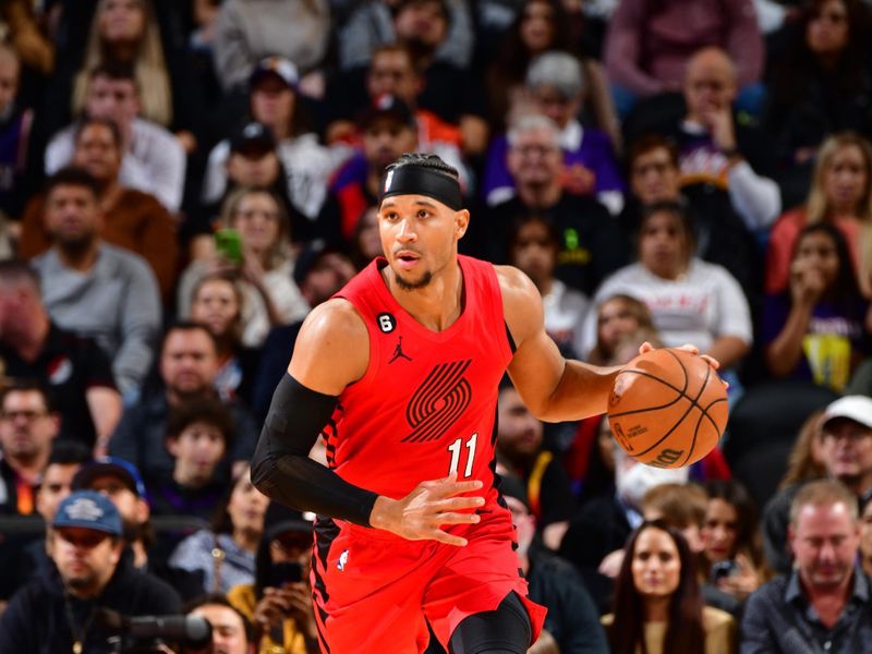 PHOENIX, AZ - NOVEMBER 4: Josh Hart #11 of the Portland Trail Blazers dribbles the ball during the game against the Phoenix Suns on November 4, 2022 at Footprint Center in Phoenix, Arizona. NOTE TO USER: User expressly acknowledges and agrees that, by downloading and or using this photograph, user is consenting to the terms and conditions of the Getty Images License Agreement. Mandatory Copyright Notice: Copyright 2022 NBAE (Photo by Barry Gossage/NBAE via Getty Images)