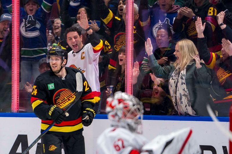 Oct 28, 2024; Vancouver, British Columbia, CAN; Vancouver Canucks forward Pius Suter (24) celebrates his goal against the Carolina Hurricanes during the third period at Rogers Arena. Mandatory Credit: Bob Frid-Imagn Images