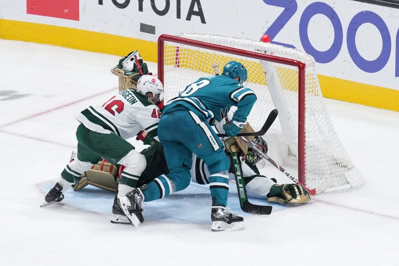 Mar 11, 2023; San Jose, California, USA; San Jose Sharks center Tomas Hertl (48) scores against Minnesota Wild goaltender Marc-Andre Fleury (29) and defenseman Jared Spurgeon (46) during the third period at SAP Center at San Jose. Mandatory Credit: Darren Yamashita-USA TODAY Sports