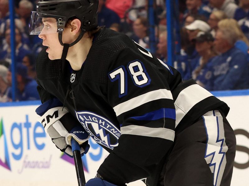 Feb 15, 2024; Tampa, Florida, USA; Tampa Bay Lightning defenseman Emil Martinsen Lilleberg (78) skates with the puck against the Colorado Avalanche during the second period at Amalie Arena. Mandatory Credit: Kim Klement Neitzel-USA TODAY Sports