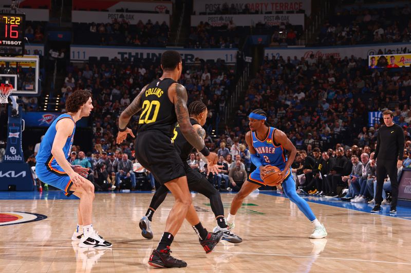 OKLAHOMA CITY, OK - MARCH 20:  Shai Gilgeous-Alexander #2 of the Oklahoma City Thunder dribbles the ball during the game against the Utah Jazz on March 20, 2024 at Paycom Arena in Oklahoma City, Oklahoma. NOTE TO USER: User expressly acknowledges and agrees that, by downloading and or using this photograph, User is consenting to the terms and conditions of the Getty Images License Agreement. Mandatory Copyright Notice: Copyright 2024 NBAE (Photo by Zach Beeker/NBAE via Getty Images)