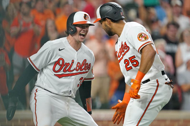 Aug 24, 2023; Baltimore, Maryland, USA; Baltimore Orioles outfielder Anthony Santander (25) greeted by catcher Adley Rutschman (35) following his two run home run in the fourth inning against the Toronto Blue Jays at Oriole Park at Camden Yards. Mandatory Credit: Mitch Stringer-USA TODAY Sports