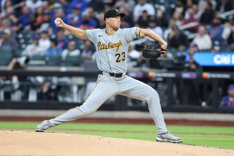 May 13, 2025; New York City, New York, USA; Pittsburgh Pirates starting pitcher Mitch Keller (23) pitches in the first inning against the New York Mets at Citi Field. Mandatory Credit: Wendell Cruz-Imagn Images