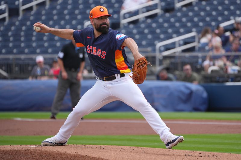 Mar 9, 2024; West Palm Beach, Florida, USA; Houston Astros starting pitcher Jose Urquidy (65) pitches in the first inning against the Washington Nationals at CACTI Park of the Palm Beaches. Mandatory Credit: Jim Rassol-USA TODAY Sports