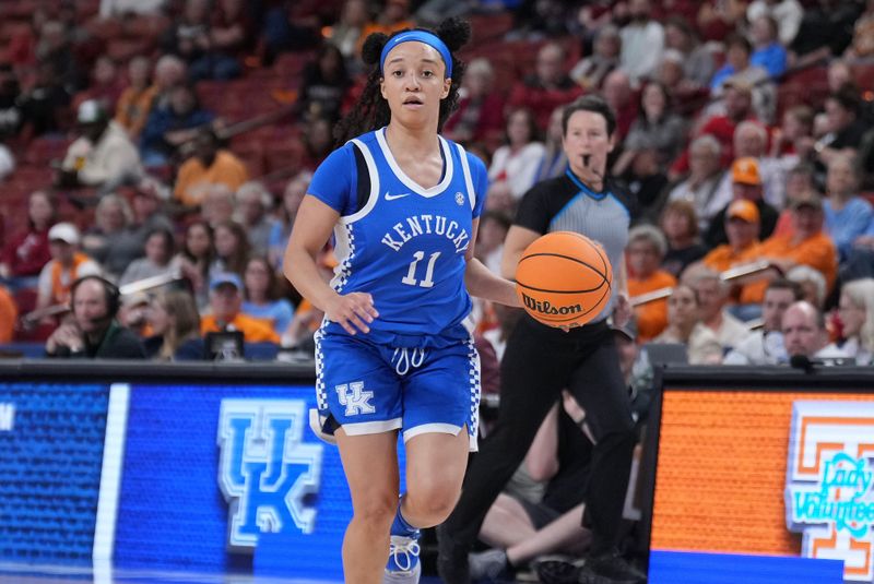 Mar 3, 2023; Greenville, SC, USA; Kentucky Wildcats guard Jada Walker (11) brings the ball up court in the first quarter against the Tennessee Lady Vols at Bon Secours Wellness Arena. Mandatory Credit: David Yeazell-USA TODAY Sports