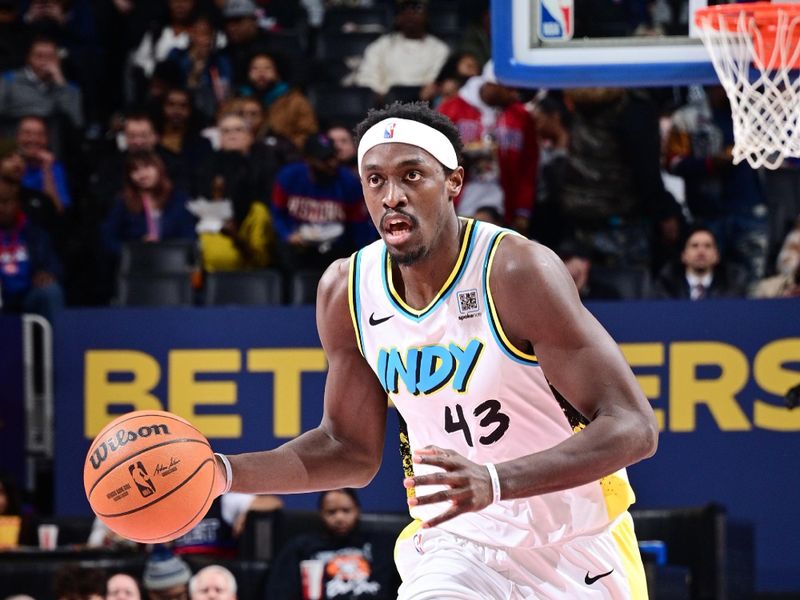 DETROIT, MI - JANUARY 16: Pascal Siakam #43 of the Indiana Pacers dribbles the ball during the game against the Detroit Pistons on January 16, 2025 at Little Caesars Arena in Detroit, Michigan. NOTE TO USER: User expressly acknowledges and agrees that, by downloading and/or using this photograph, User is consenting to the terms and conditions of the Getty Images License Agreement. Mandatory Copyright Notice: Copyright 2025 NBAE (Photo by Chris Schwegler/NBAE via Getty Images)