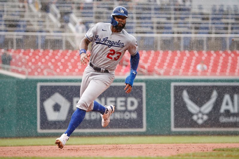 Sep 10, 2023; Washington, District of Columbia, USA; Los Angeles Dodgers right fielder Jason Heyward (23) rounds third base during the fifth inning against the Washington Nationals at Nationals Park. Mandatory Credit: Amber Searls-USA TODAY Sports