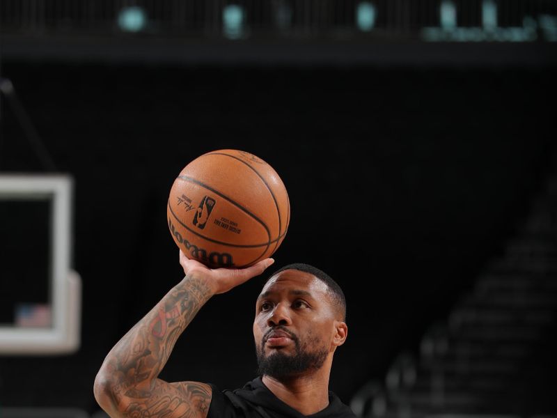 MILWAUKEE, WI - OCTOBER 20: Damian Lillard #0 of the Milwaukee Bucks warms up before the preseason game on October 20, 2023 at the Fiserv Forum Center in Milwaukee, Wisconsin. NOTE TO USER: User expressly acknowledges and agrees that, by downloading and or using this Photograph, user is consenting to the terms and conditions of the Getty Images License Agreement. Mandatory Copyright Notice: Copyright 2023 NBAE (Photo by Gary Dineen/NBAE via Getty Images).