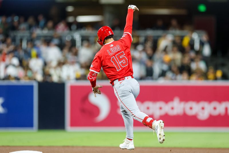 May 13, 2025; San Diego, California, USA; Los Angeles Angels left fielder Matthew Lugo (15) celebrates after hitting a two run home run during the seventh inning against the San Diego Padres at Petco Park. Mandatory Credit: David Frerker-Imagn Images