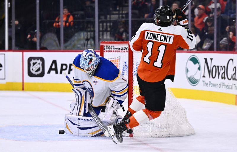 Nov 1, 2023; Philadelphia, Pennsylvania, USA; Buffalo Sabres goalie Ukko-Pekka Luukkonen (1) makes a save against Philadelphia Flyers right wing Travis Konecny (11) in the third period at Wells Fargo Center. Mandatory Credit: Kyle Ross-USA TODAY Sports