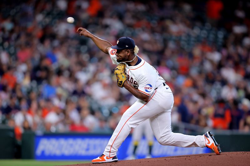 May 14, 2024; Houston, Texas, USA; Houston Astros starting pitcher Ronel Blanco (56) delivers a pitch against the Oakland Athletics during the first inning at Minute Maid Park. Mandatory Credit: Erik Williams-USA TODAY Sports