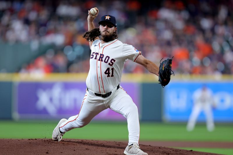 Jul 13, 2024; Houston, Texas, USA; Houston Astros starting pitcher Spencer Arrighetti (41) delivers a pitch against the Texas Rangers during the first inning at Minute Maid Park. Mandatory Credit: Erik Williams-USA TODAY Sports