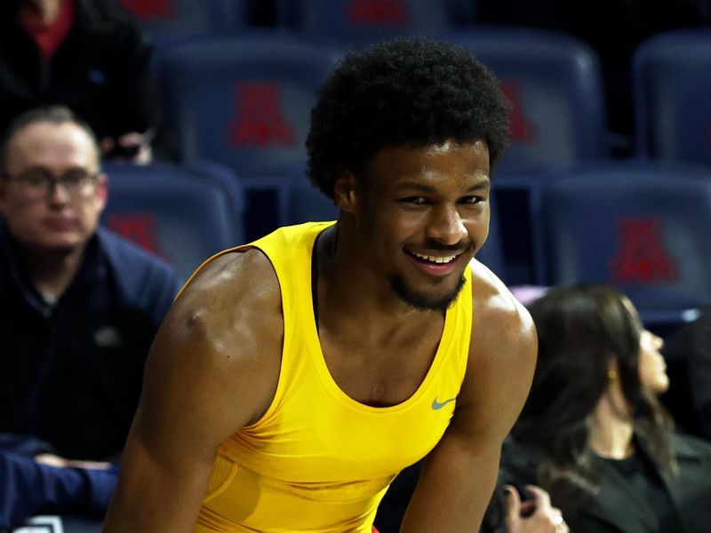 Jan 17, 2024; Tucson, Arizona, USA; USC Trojans guard Bronny James (center) warms up before a game against the Arizona Wildcats at McKale Center. Mandatory Credit: Zachary BonDurant-USA TODAY Sports