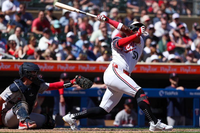 May 5, 2024; Minneapolis, Minnesota, USA; Minnesota Twins Willi Castro (50) swings against the Boston Red Sox during the sixth inning at Target Field. Mandatory Credit: Matt Krohn-USA TODAY Sports