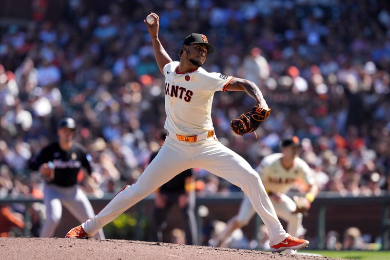Sep 1, 2024; San Francisco, California, USA; San Francisco Giants relief pitcher Camilo Doval (75) throws a pitch against the Miami Marlins during the seventh inning at Oracle Park. Mandatory Credit: Darren Yamashita-USA TODAY Sports