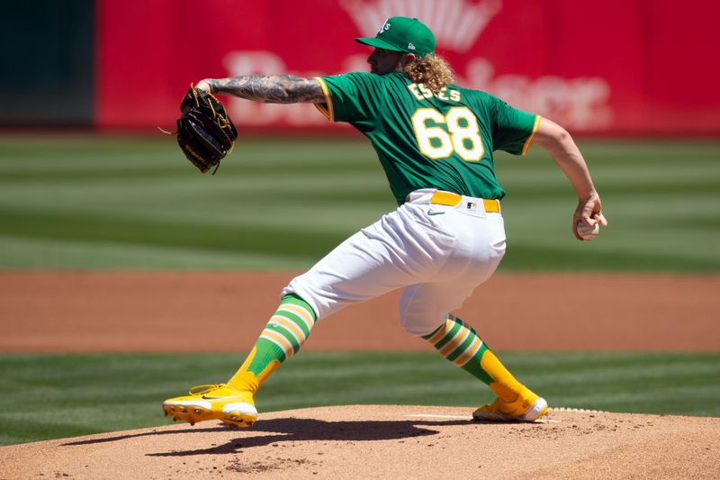 Aug 7, 2024; Oakland, California, USA; Oakland Athletics starting pitcher Joey Estes (68) delivers against the Chicago White Sox during the first inning at Oakland-Alameda County Coliseum. Mandatory Credit: D. Ross Cameron-USA TODAY Sports