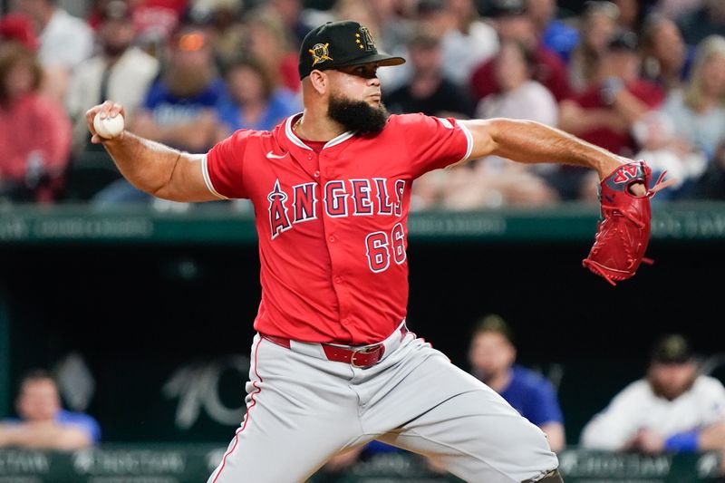 May 18, 2024; Arlington, Texas, USA; Los Angeles Angels relief pitcher Luis Garcia (66) throws to the plate during the eighth inning against the Texas Rangers at Globe Life Field. Mandatory Credit: Raymond Carlin III-USA TODAY Sports