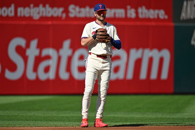 Sep 28, 2025; Philadelphia, Pennsylvania, USA; Philadelphia Phillies shortstop Trea Turner (7) during the first inning against the Minnesota Twins at Citizens Bank Park. Mandatory Credit: Eric Hartline-Imagn Images