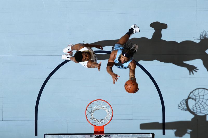 MEMPHIS, TN - FEBRUARY 12: Lamar Stevens #24 of the Memphis Grizzlies drives to the basket during the game against the New Orleans Pelicans on February 12, 2024 at FedExForum in Memphis, Tennessee. NOTE TO USER: User expressly acknowledges and agrees that, by downloading and or using this photograph, User is consenting to the terms and conditions of the Getty Images License Agreement. Mandatory Copyright Notice: Copyright 2024 NBAE (Photo by Joe Murphy/NBAE via Getty Images)