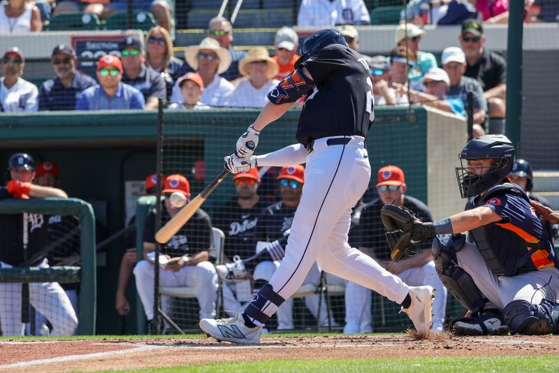 Feb 26, 2024; Lakeland, Florida, USA; Detroit Tigers first baseman Spencer Torkelson (20) bats during the first inning against the Houston Astros at Publix Field at Joker Marchant Stadium. Mandatory Credit: Mike Watters-USA TODAY Sports