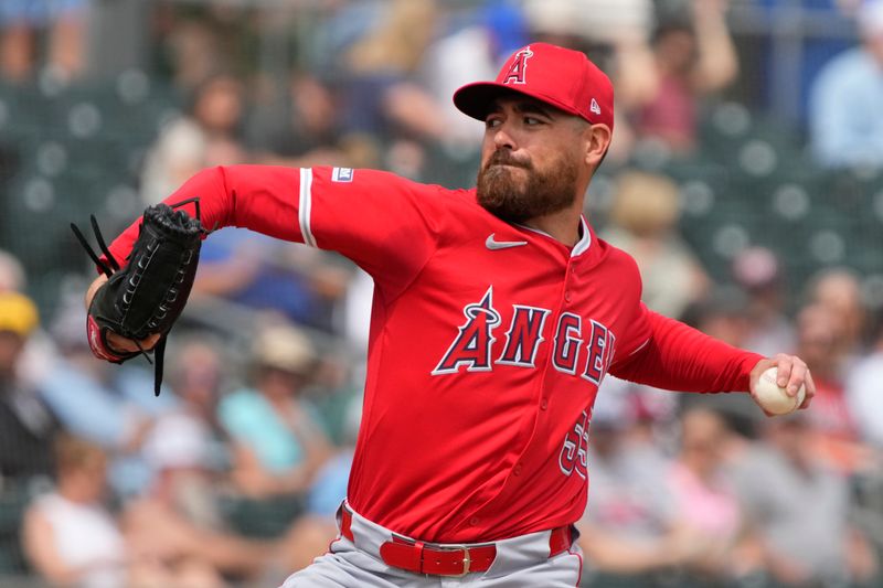 Mar 23, 2024; Mesa, Arizona, USA; Los Angeles Angels relief pitcher Matt Moore (55) throws against the Oakland Athletics in the first inning at Hohokam Stadium. Mandatory Credit: Rick Scuteri-USA TODAY Sports