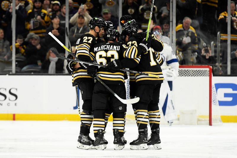 Feb 13, 2024; Boston, Massachusetts, USA; Boston Bruins defenseman Charlie McAvoy (73) celebrates his goal with his teammates during the second period against the Tampa Bay Lightning at TD Garden. Mandatory Credit: Bob DeChiara-USA TODAY Sports