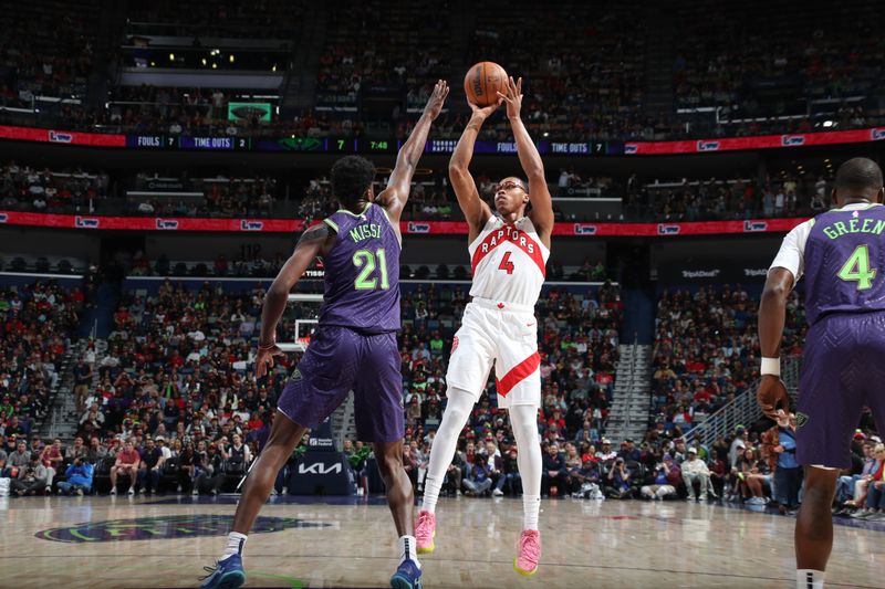 NEW ORLEANS, LA - NOVEMBER 27: Scottie Barnes #4 of the Toronto Raptors shoots the ball during the game against the New Orleans Pelicans  during a regular season game on November 27, 2024 at the Smoothie King Center in New Orleans, Louisiana. NOTE TO USER: User expressly acknowledges and agrees that, by downloading and or using this Photograph, user is consenting to the terms and conditions of the Getty Images License Agreement. Mandatory Copyright Notice: Copyright 2024 NBAE (Photo by Layne Murdoch Jr./NBAE via Getty Images)