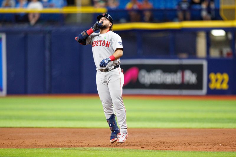 May 21, 2024; St. Petersburg, Florida, USA;  Boston Red Sox outfielder Wilyer Abreu (52) reacts after hitting an rbi single against the Tampa Bay Rays in the eighth inning at Tropicana Field. Mandatory Credit: Nathan Ray Seebeck-USA TODAY Sports