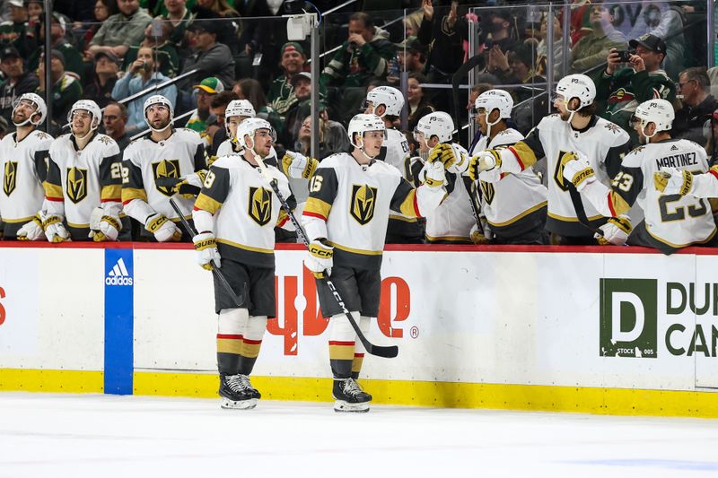 Apr 3, 2023; Saint Paul, Minnesota, USA; Vegas Golden Knights left wing Pavel Dorofeyev (16) celebrates his goal with teammates during the second period against the Minnesota Wild at Xcel Energy Center. Mandatory Credit: Matt Krohn-USA TODAY Sports