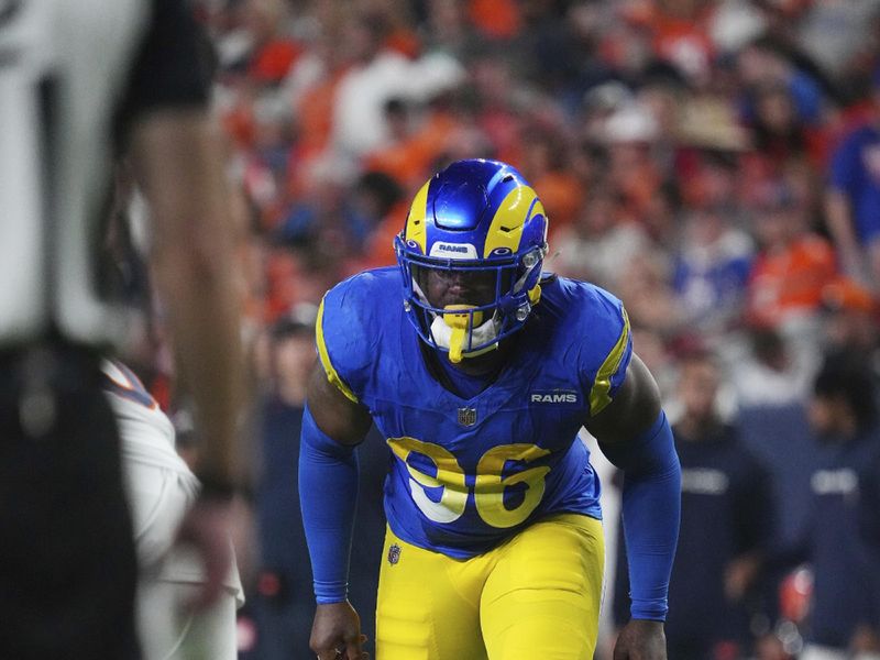 Los Angeles Rams linebacker Keir Thomas (96) against the Denver Broncos of an NFL football game Saturday, Aug 26, 2023, in Denver. (AP Photo/Bart Young)