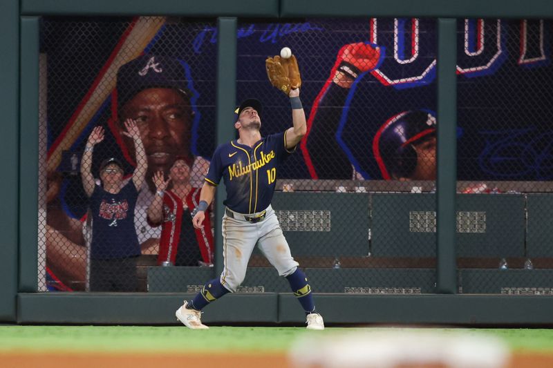 Aug 6, 2024; Atlanta, Georgia, USA; Milwaukee Brewers right fielder Sal Frelick (10) catches a fly ball against the Atlanta Braves in the ninth inning at Truist Park. Mandatory Credit: Brett Davis-USA TODAY Sports
