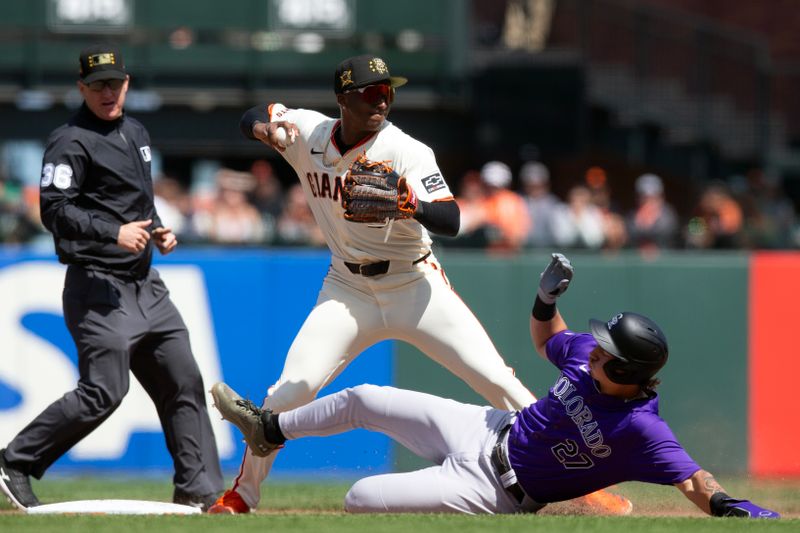 May 18, 2024; San Francisco, California, USA; San Francisco Giants shortstop Marco Luciano (37) throws over Colorado Rockies left fielder Jordan Beck (27) too late to complete a double play during the eighth inning at Oracle Park. Mandatory Credit: D. Ross Cameron-USA TODAY Sports