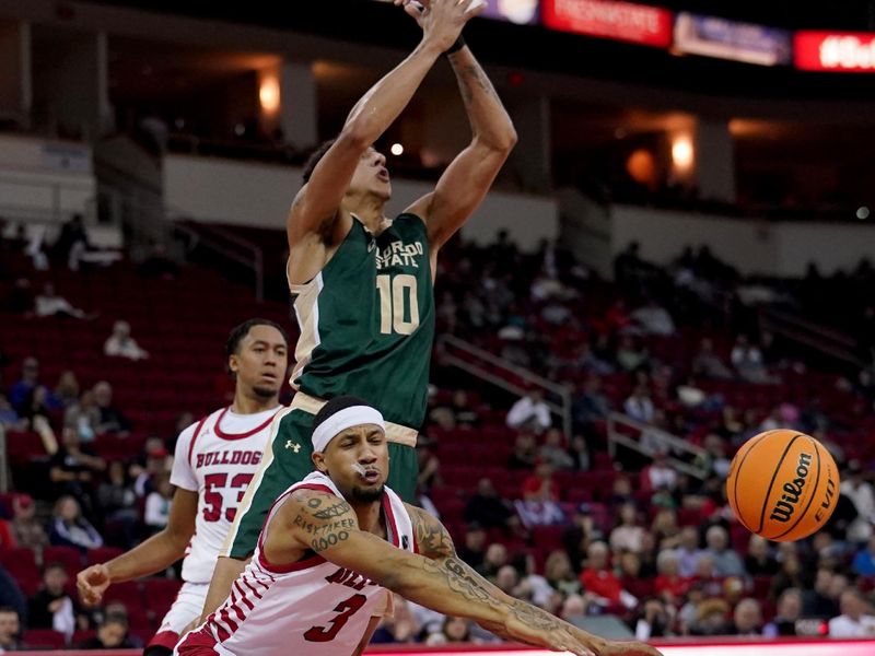 Feb 3, 2024; Fresno, California, USA; Colorado State Rams guard Nique Clifford (10) is fouled by Fresno State Bulldogs guard Isaiah Hill (3) in the first half at the Save Mart Center. Mandatory Credit: Cary Edmondson-USA TODAY Sports