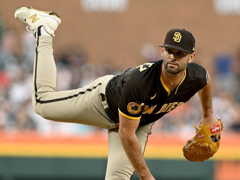 Jul 21, 2023; Detroit, Michigan, USA;  San Diego Padres relief pitcher Nick Martinez (21) throws a pitch against the Detroit Tigers in the seventh inning at Comerica Park. Mandatory Credit: Lon Horwedel-USA TODAY Sports