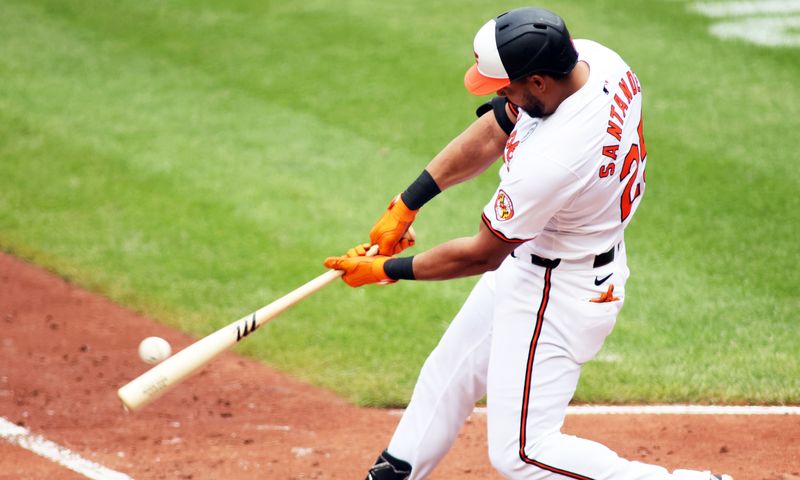 Jun 2, 2024; Baltimore, Maryland, USA; Baltimore Orioles outfielder Anthony Santander (25) swings during the third inning against the Tampa Bay Rays at Oriole Park at Camden Yards. Mandatory Credit: Daniel Kucin Jr.-USA TODAY Sports