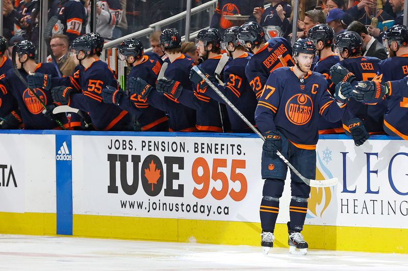 Jan 25, 2024; Edmonton, Alberta, CAN; The Edmonton Oilers celebrate a goal scored by forward Connor McDavid (97) during the second period against the Chicago Blackhawks at Rogers Place. Mandatory Credit: Perry Nelson-USA TODAY Sports
