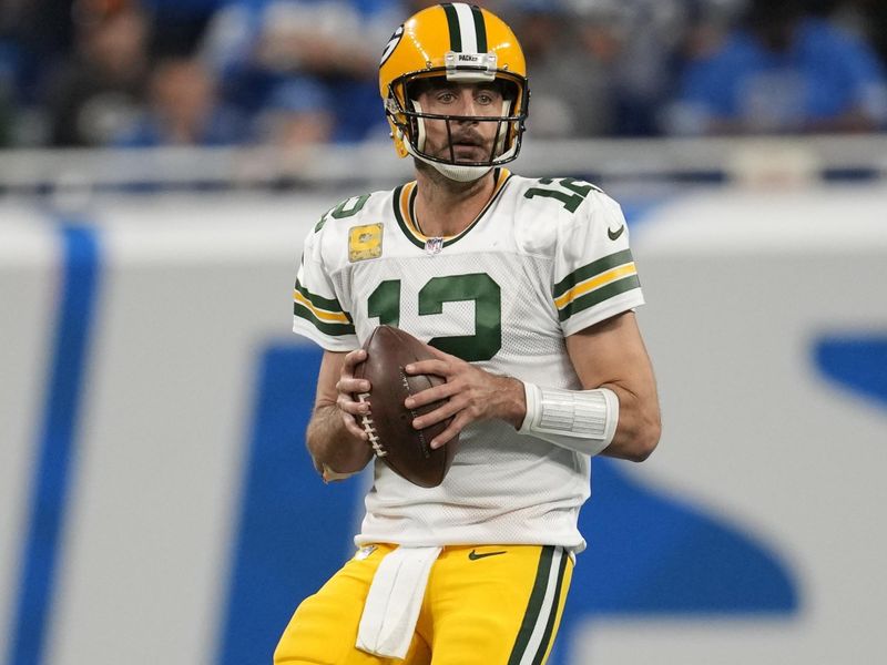 Green Bay Packers quarterback Aaron Rodgers (12) plays against the Detroit Lions during an NFL football game in Detroit, Sunday, Nov. 6, 2022. (AP Photo/Paul Sancya)