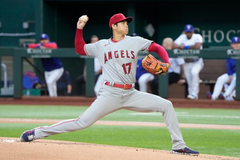 Apr 14, 2022; Arlington, Texas, USA; Los Angeles Angels starting pitcher Shohei Ohtani (17) delivers a pitch to the Texas Rangers during the first inning of a baseball game at Globe Life Field. Mandatory Credit: Jim Cowsert-USA TODAY Sports