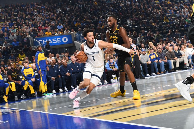 SAN FRANCISCO, CA - NOVEMBER 15: Scotty Pippen Jr. #1 of the Memphis Grizzlies drives to the basket during the game against the Golden State Warriors during the Emirates NBA Cup game on November 15, 2024 at Chase Center in San Francisco, California. NOTE TO USER: User expressly acknowledges and agrees that, by downloading and or using this photograph, user is consenting to the terms and conditions of Getty Images License Agreement. Mandatory Copyright Notice: Copyright 2024 NBAE (Photo by Noah Graham/NBAE via Getty Images)