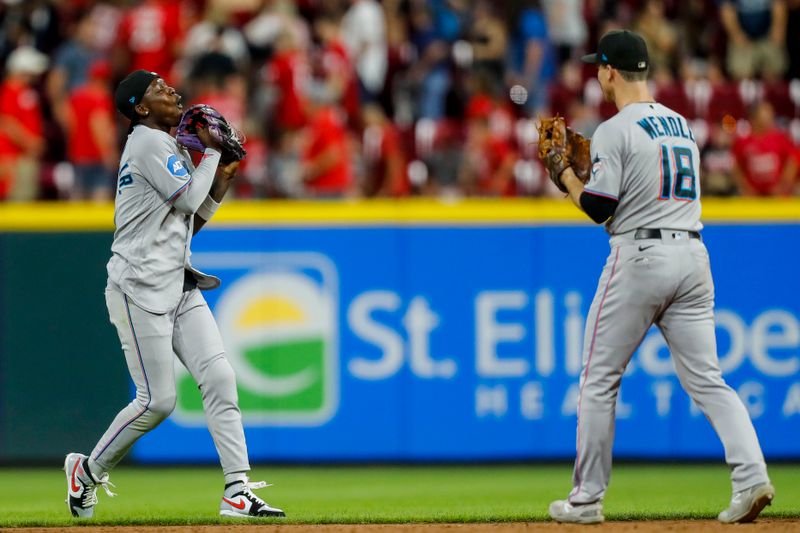 Aug 8, 2023; Cincinnati, Ohio, USA; Miami Marlins center fielder Jazz Chisholm Jr. (2) reacts after the victory over the Cincinnati Reds at Great American Ball Park. Mandatory Credit: Katie Stratman-USA TODAY Sports