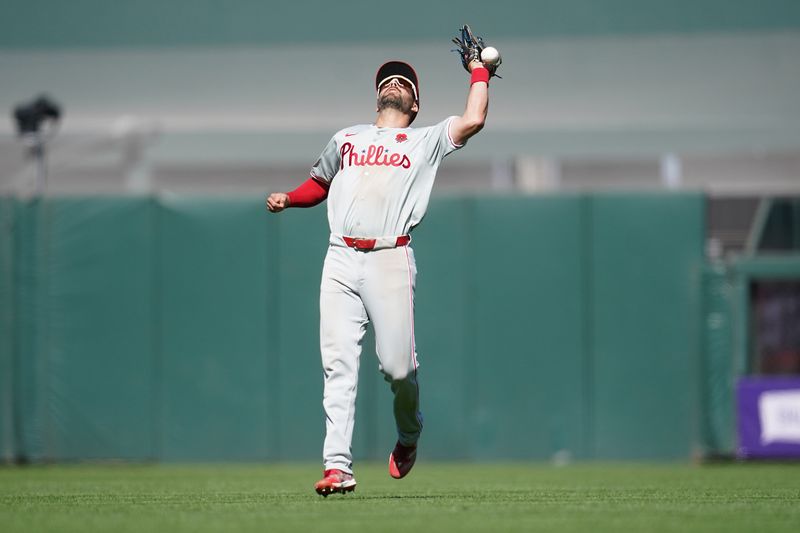 May 27, 2024; San Francisco, California, USA; Philadelphia Phillies second baseman Whit Merrifield (9) commits an error against the San Francisco Giants in the seventh inning at Oracle Park. Mandatory Credit: Cary Edmondson-USA TODAY Sports