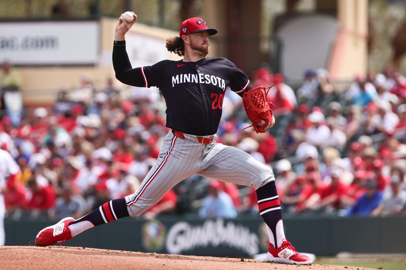 Mar 5, 2024; Jupiter, Florida, USA; Minnesota Twins starting pitcher Chris Paddack (20) delivers a pitch against the St. Louis Cardinals during the first inning at Roger Dean Chevrolet Stadium. Mandatory Credit: Sam Navarro-USA TODAY Sports