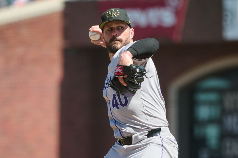 May 19, 2024; San Francisco, California, USA; Colorado Rockies pitcher Tyler Kinley (40) throws a pitch against the San Francisco Giants during the seventh inning at Oracle Park. Mandatory Credit: Robert Edwards-USA TODAY Sports