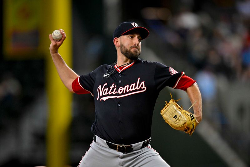 May 2, 2024; Arlington, Texas, USA; Washington Nationals relief pitcher Matt Barnes (41) pitches against the Texas Rangers during the eighth inning at Globe Life Field. Mandatory Credit: Jerome Miron-USA TODAY Sports