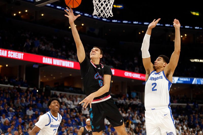 Feb 25, 2024; Memphis, Tennessee, USA; Florida Atlantic Owls center Vladislav Goldin (50) shoots during the second half against the Memphis Tigers at FedExForum. Mandatory Credit: Petre Thomas-USA TODAY Sports