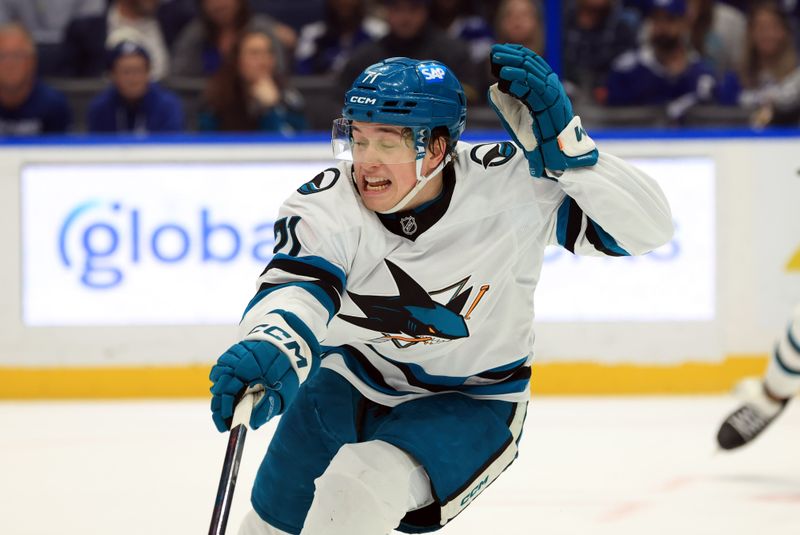 Jan 20, 2026; Tampa, Florida, USA; San Jose Sharks center MacKlin Celebrini (71) against the Tampa Bay Lightning during the third period at Benchmark International Arena. Mandatory Credit: Kim Klement Neitzel-Imagn Images