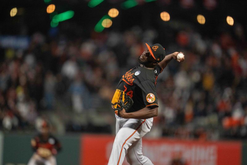 Jun 2, 2023; San Francisco, California, USA;  Baltimore Orioles relief pitcher Felix Bautista (74) delivers a pitch against the San Francisco Giants during the ninth inning at Oracle Park. Mandatory Credit: Neville E. Guard-USA TODAY Sports